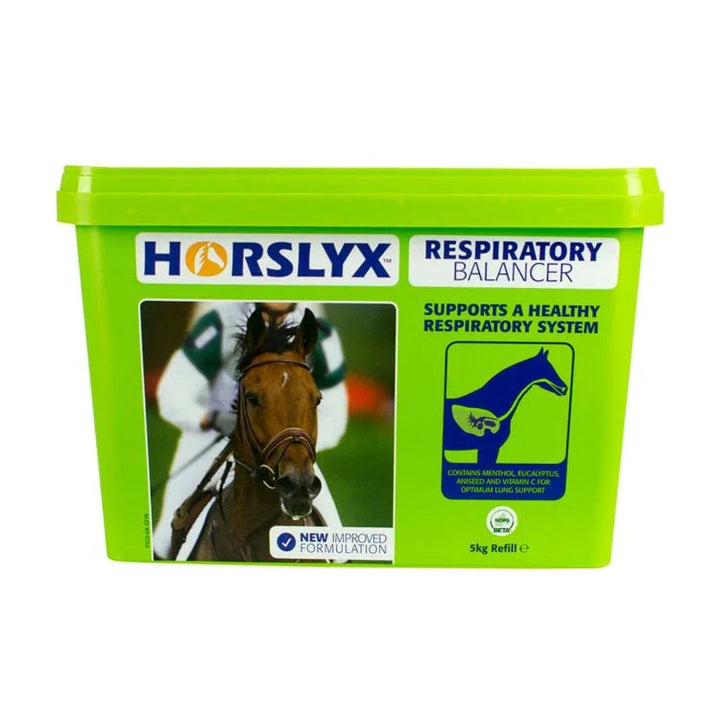 Green container of HORSLYX Respiratory Balancer for horses on a white background