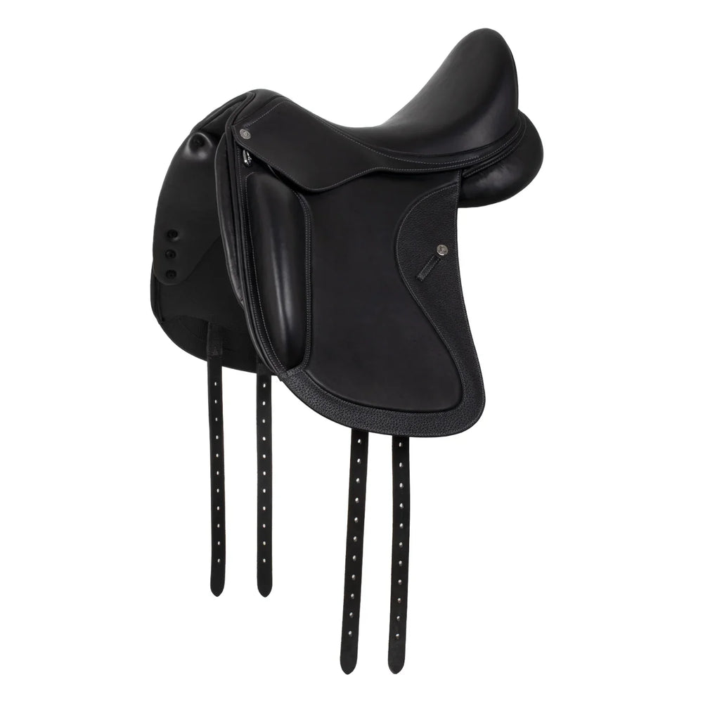 Black leather equestrian saddle on a white background