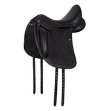 Black leather equestrian saddle on a white background