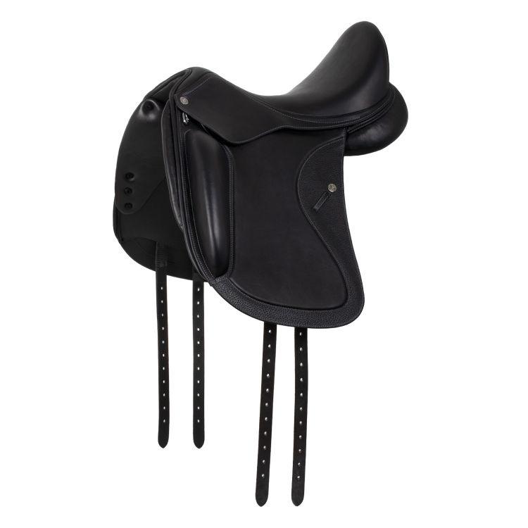 Black leather equestrian saddle on a white background