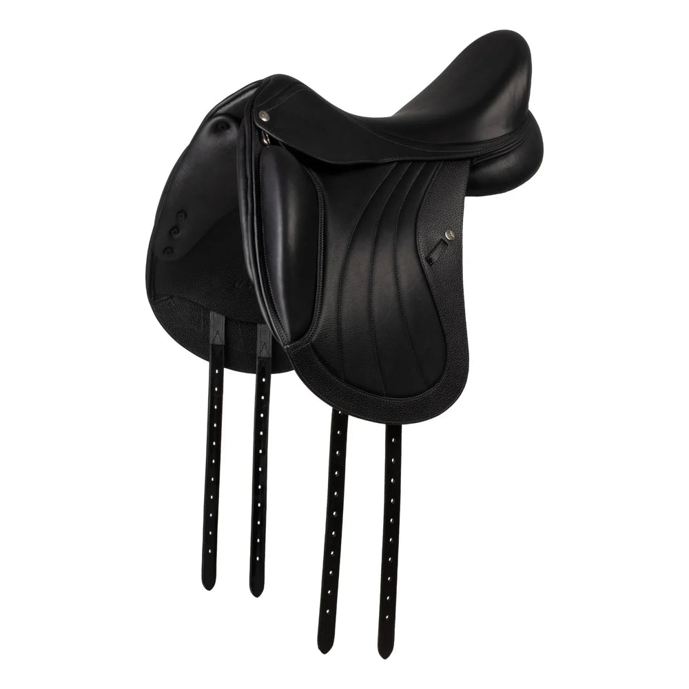 Black leather equestrian saddle on a white background