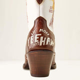 Close-up of a cowboy boot with text on a white background