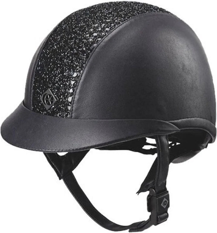 Black helmet with decorative headband on a white background