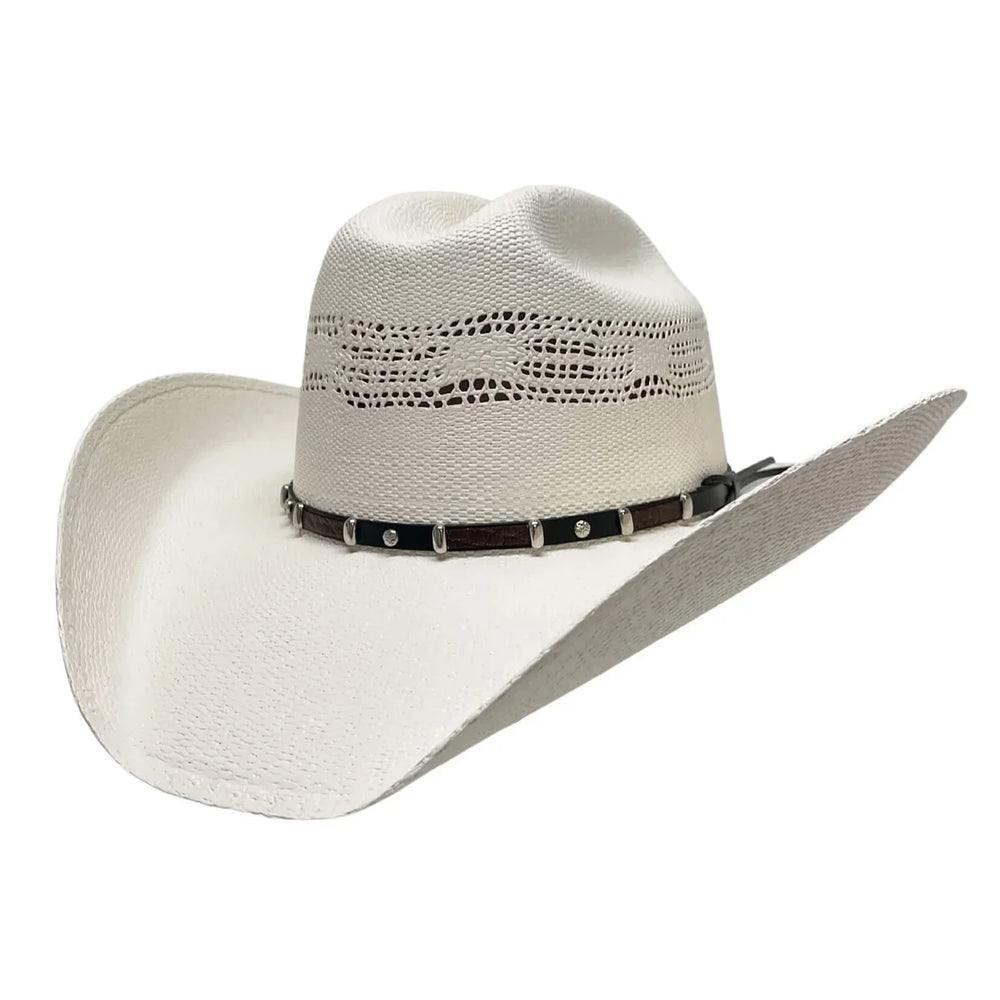 White cowboy hat with a brown band on a white background