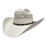White cowboy hat with a brown band on a white background