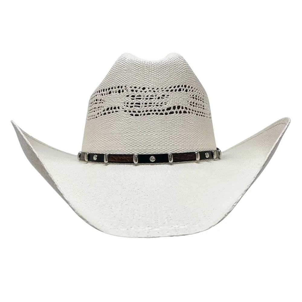 White cowboy hat with a band on a white background