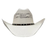 White cowboy hat with a band on a white background