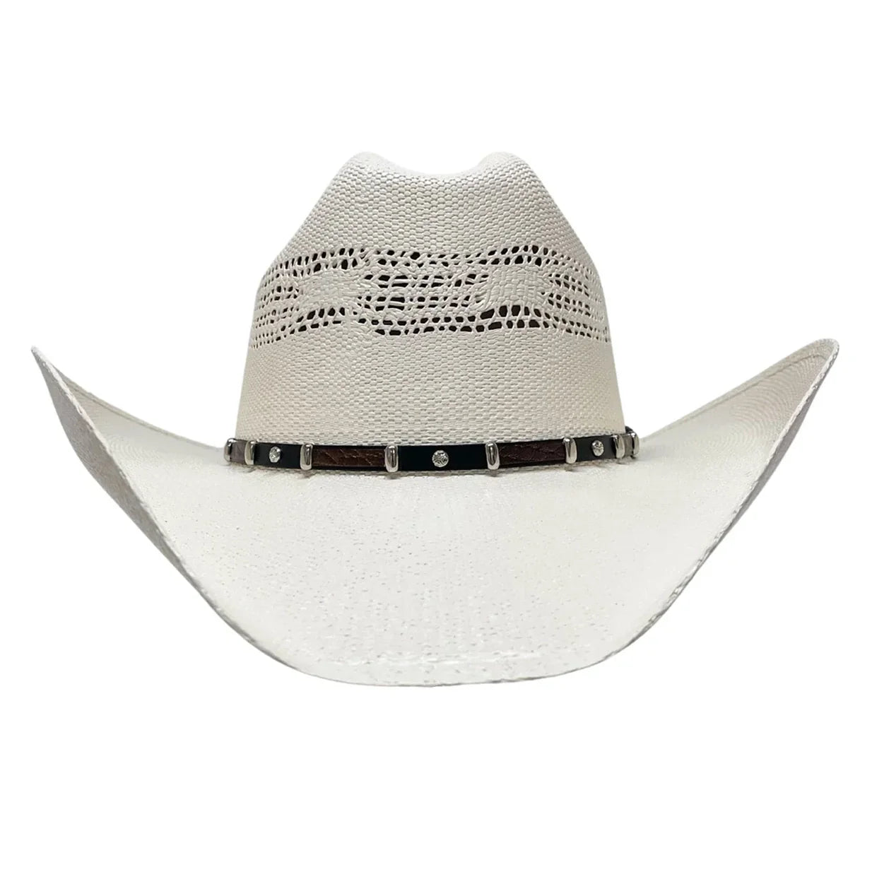White cowboy hat with a band on a white background