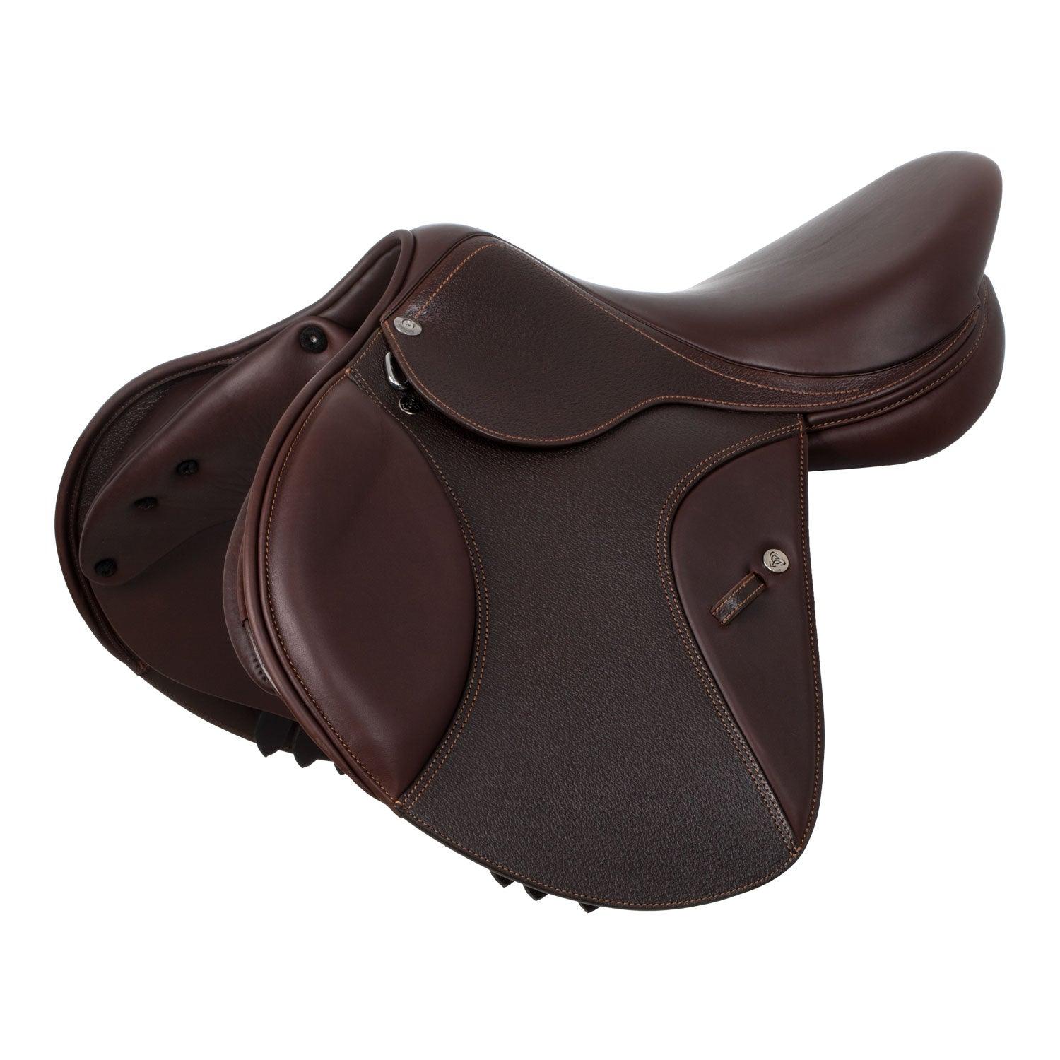Brown leather saddle on a white background