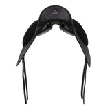 Black equestrian saddle on a white background