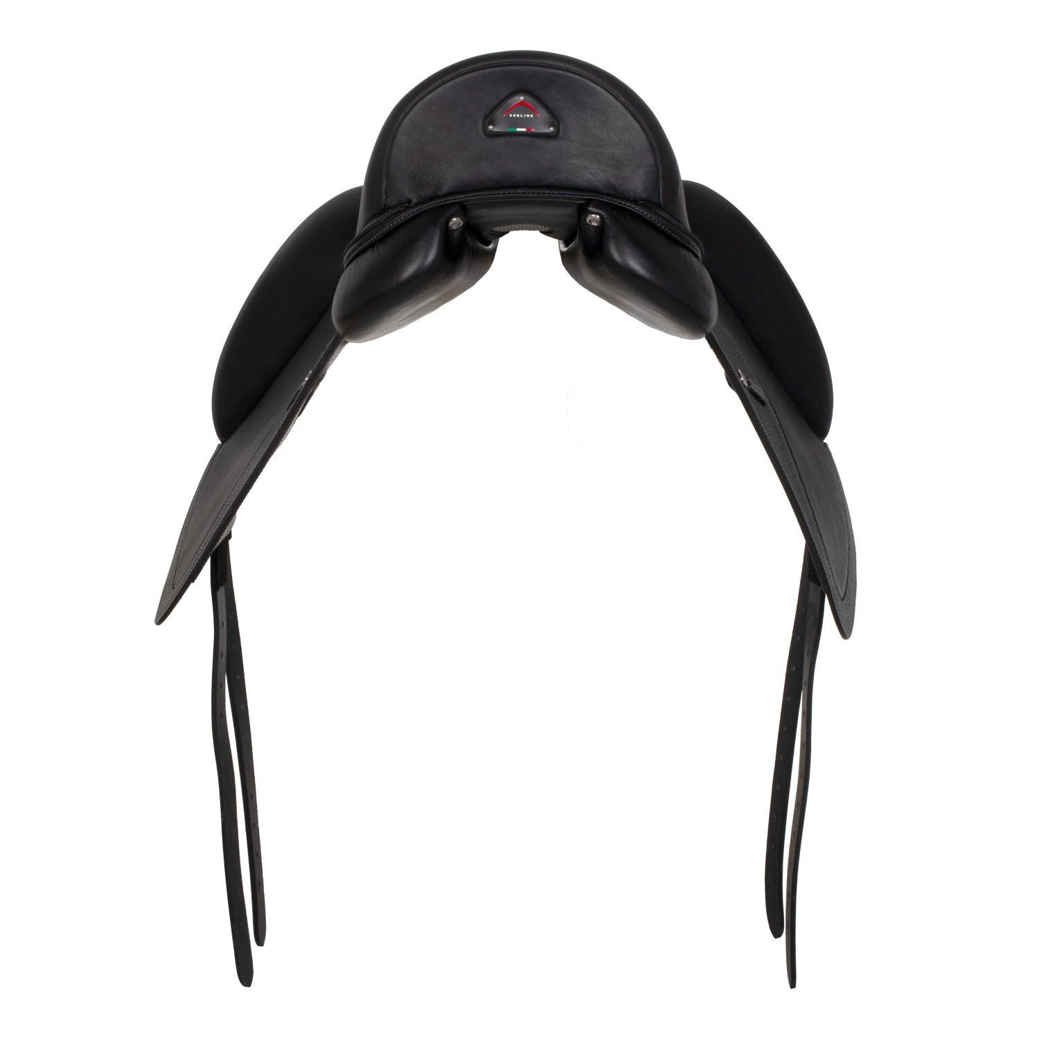 Black equestrian saddle on a white background