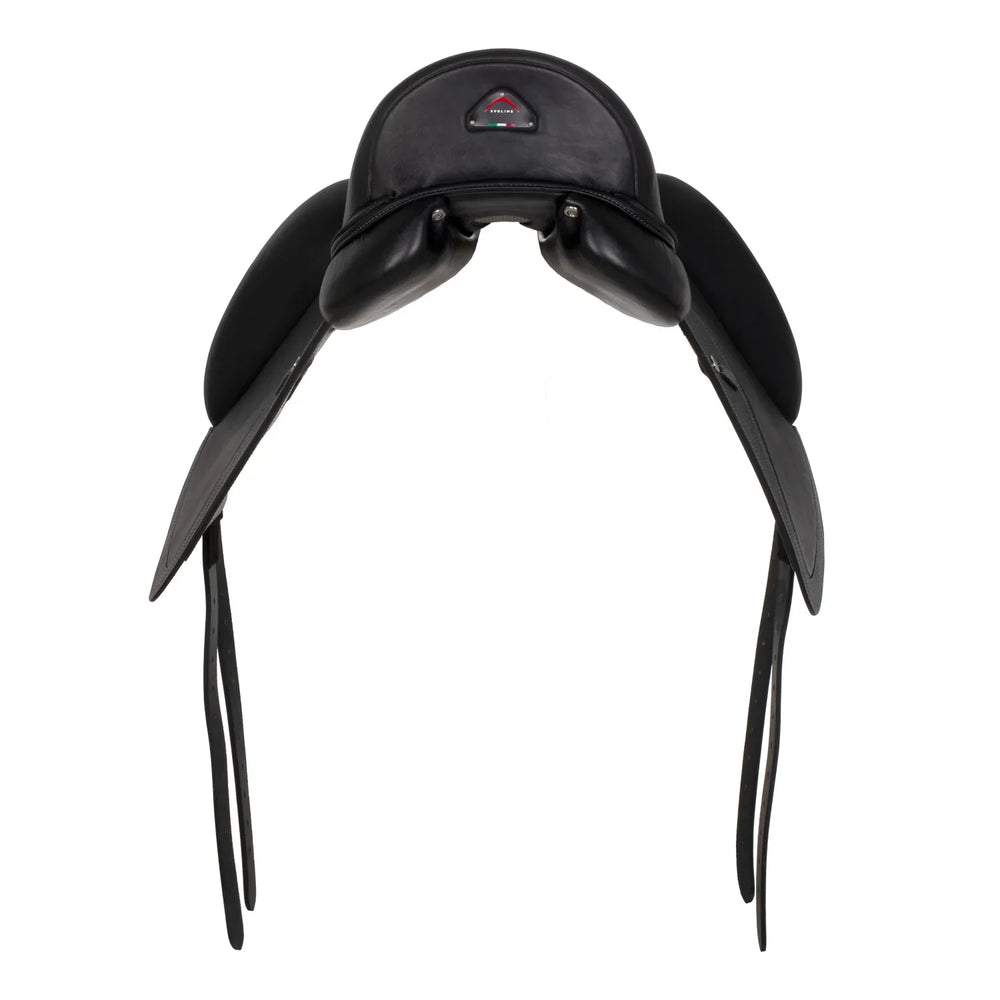 Black equestrian saddle on a white background