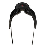 Black equestrian saddle on a white background