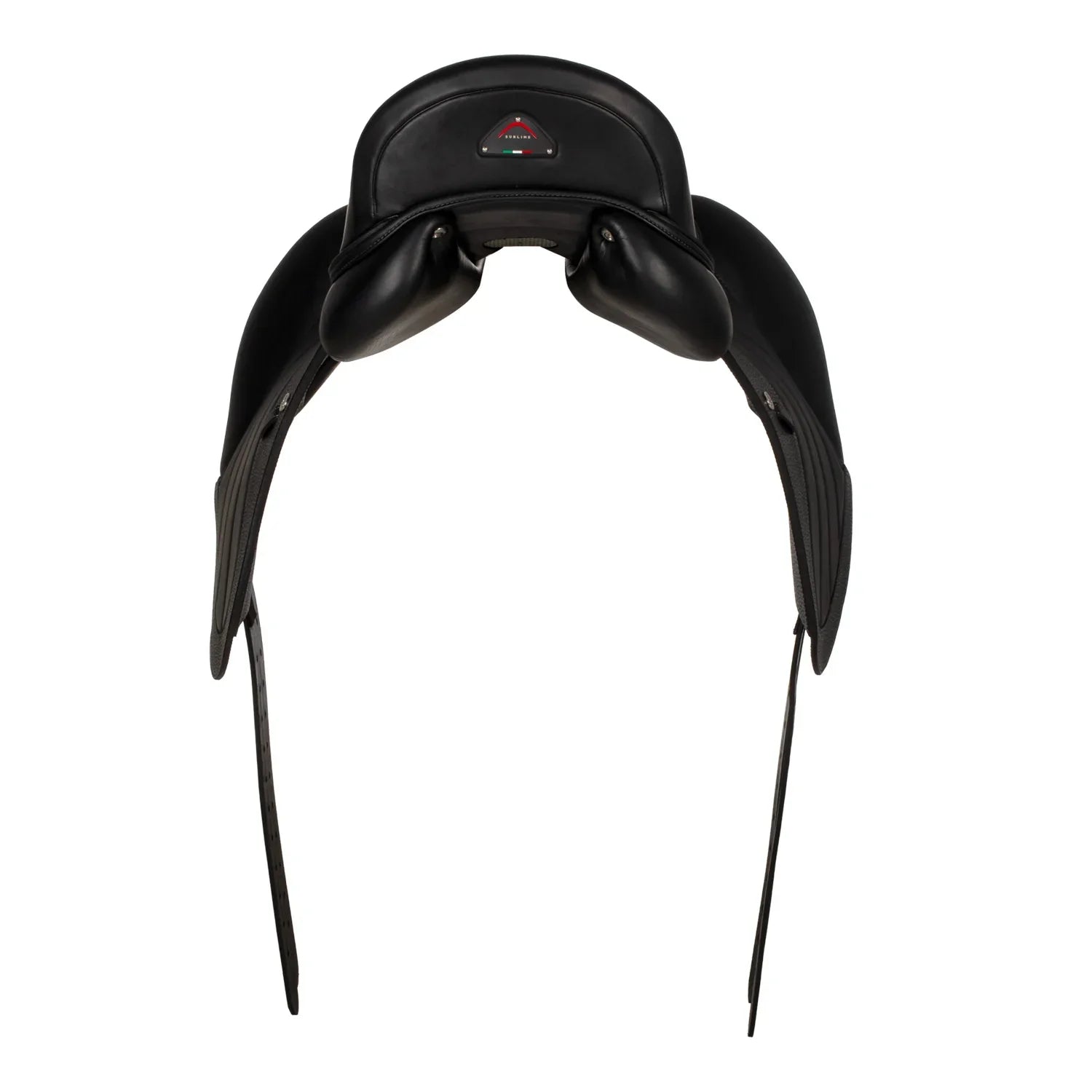 Black equestrian saddle on a white background