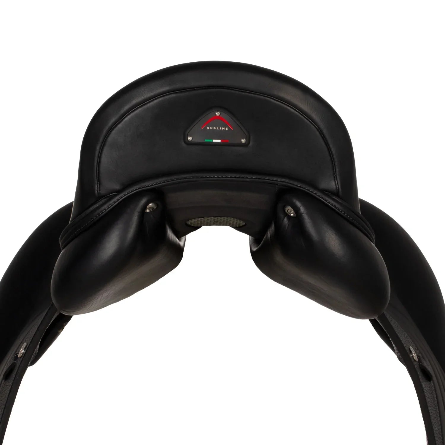 Black leather equestrian saddle on a white background