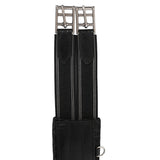 Black equestrian girth with silver buckle on a white background