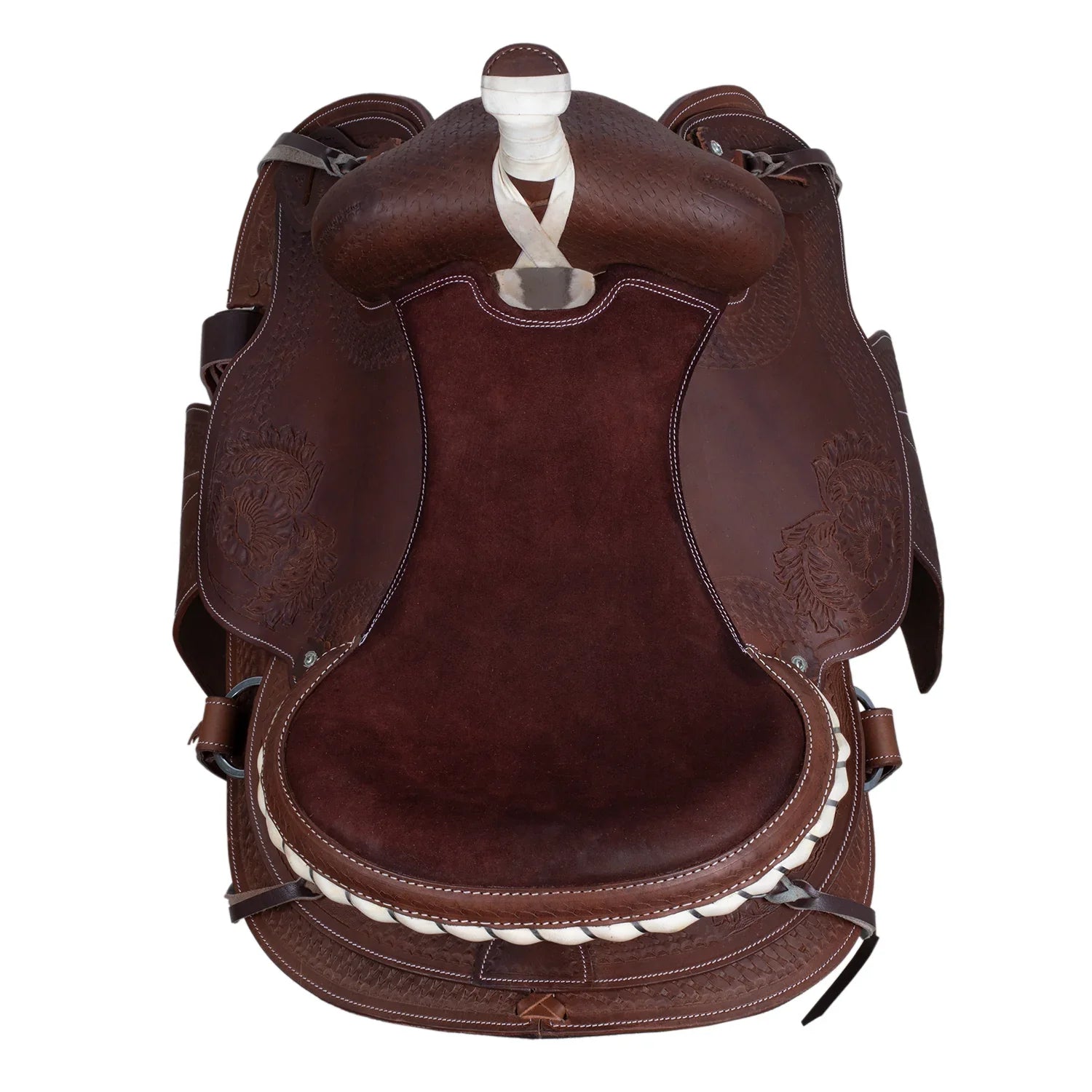 Lakota western saddle round skirt engraved and with silver wire