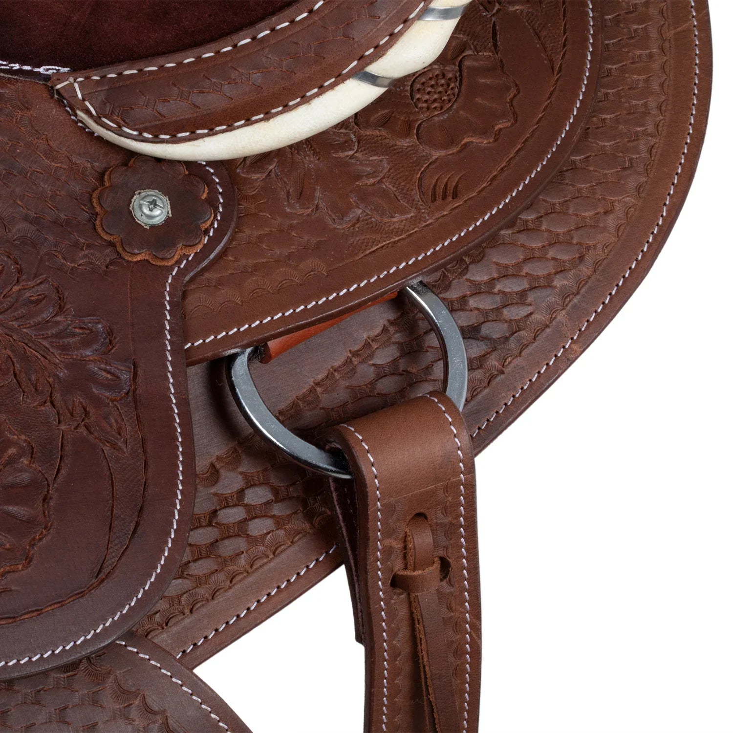 Lakota western saddle round skirt engraved and with silver wire