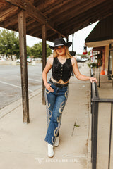 Gilet court noir en daim stretch à boutons et clous style western Lucky and blessed