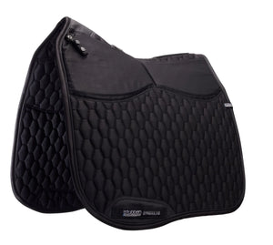 Black quilted saddle pad on a white background