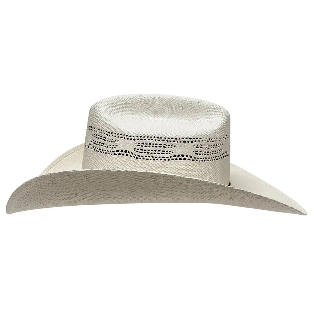 Beige cowboy hat with a wide brim on a white background